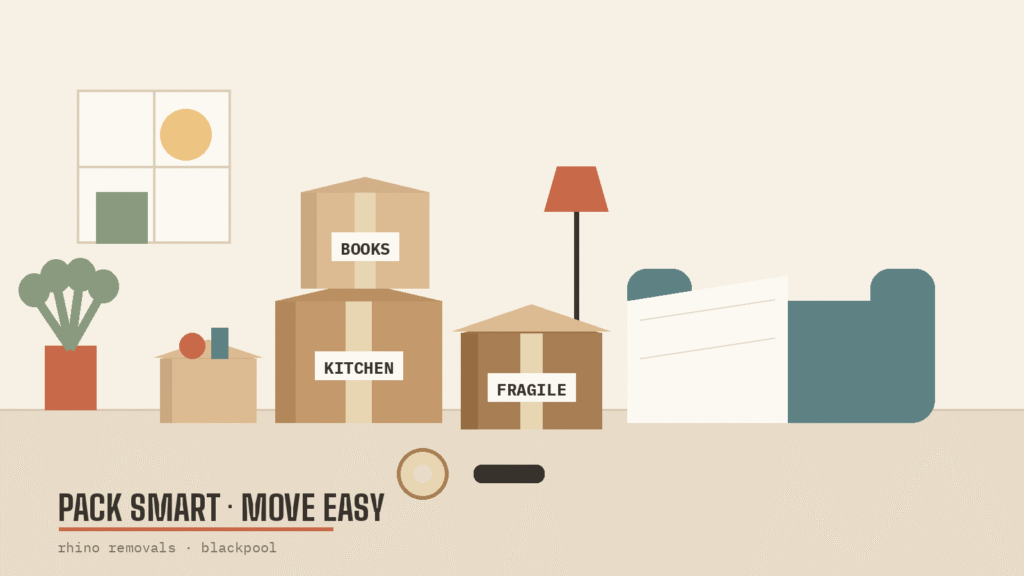 Flat-design illustration of a living room mid-pack with labelled cardboard boxes ready for a house move