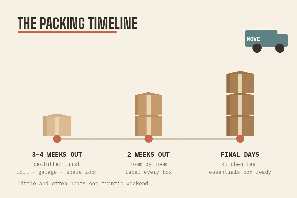Packing timeline infographic showing what to pack three to four weeks out, two weeks out and in the final days before moving